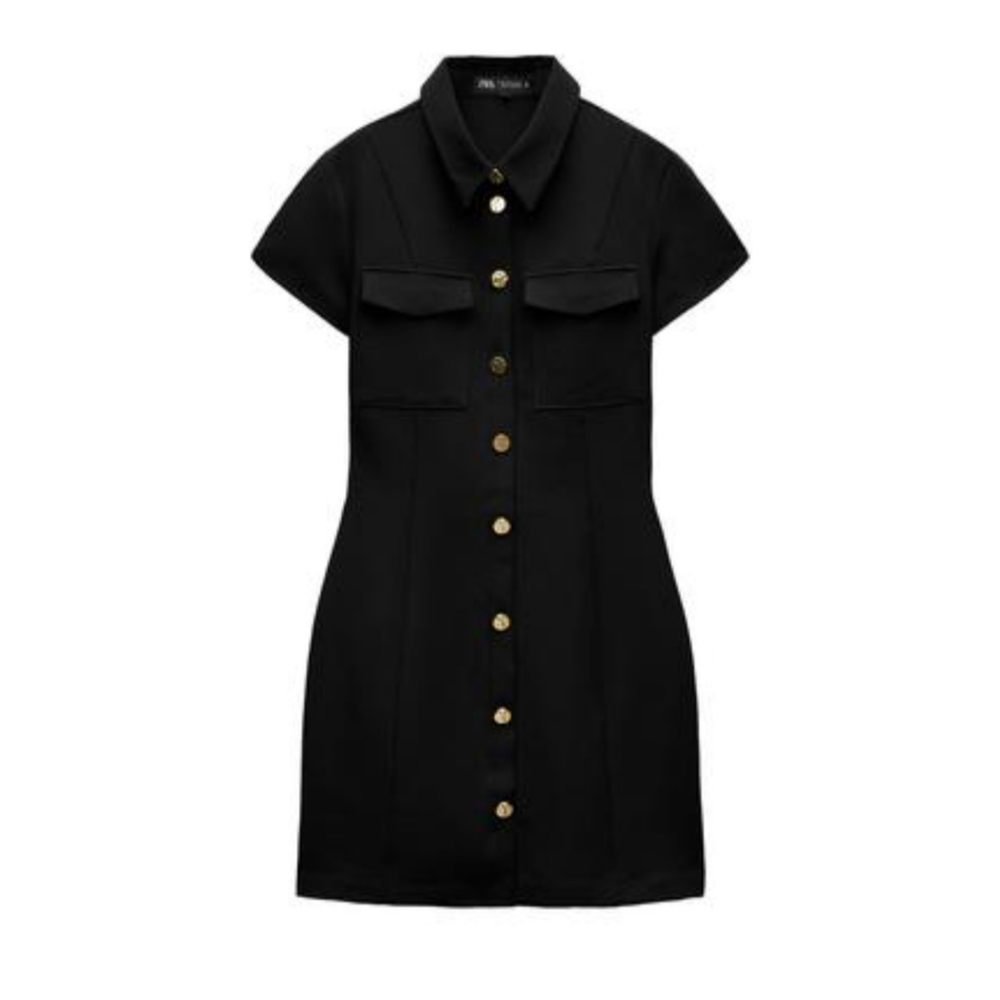ZARA Black Collared Short Sleeve Shirt Dress Gold Buttons Pockets Size S